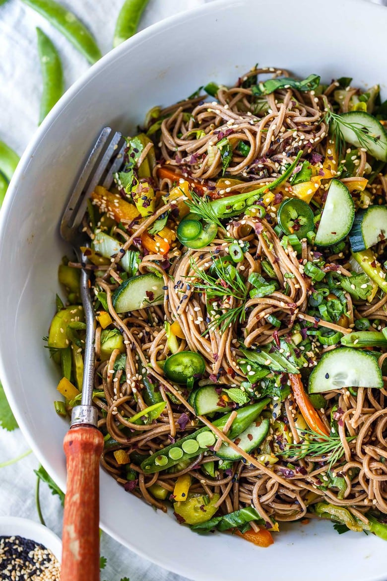 Here is a simple recipe for Soba Noodle Salad, loaded with veggies, that is adaptable and vegan!  For a protein boost, top with savory baked tofu, smoked salmon, grilled chicken.  Quick, easy and full of earthy crunchy goodness.