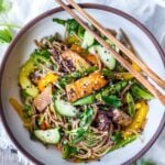 A simple recipe for Soba Noodle Salad, loaded with veggies, that is adaptable and vegan!  For a protein boost, top with savory baked tofu, smoked salmon, grilled chicken.