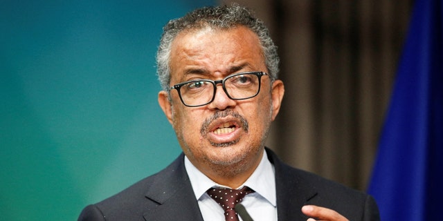 World Health Organization Tedros Adhanom Ghebreyesus gives a statement on the coronavirus disease (COVID-19) vaccination, during a European Union - African Union summit, in Brussels, Belgium February 18, 2022. 