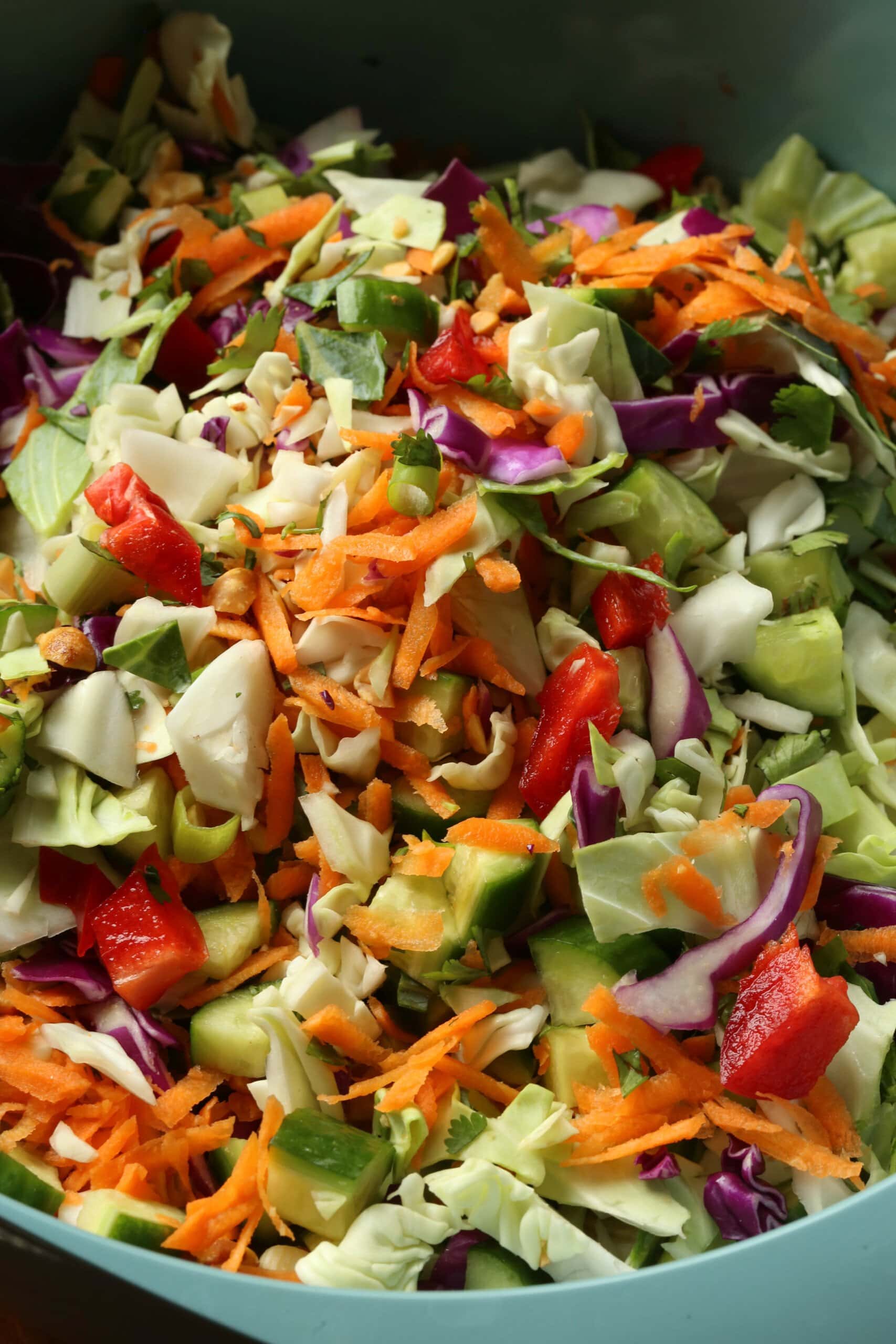 Eat the rainbow with this Rainbow Crunch Cabbage Salad tossed in deliciously spicy Thai-style peanut dressing! A fresh and easy side dish. Close up of Rainbow Crunch Salad ingredients combined in a bowl.