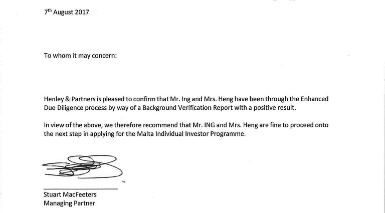 Heng Sokha and Ing Bun Hoaw’s representatives pushed Henley & Partners to provide this letter affirming that they cleared the firm’s enhanced due diligence. However, the Maltese government reached a different conclusion, and rejected the couple’s citizenship application.
